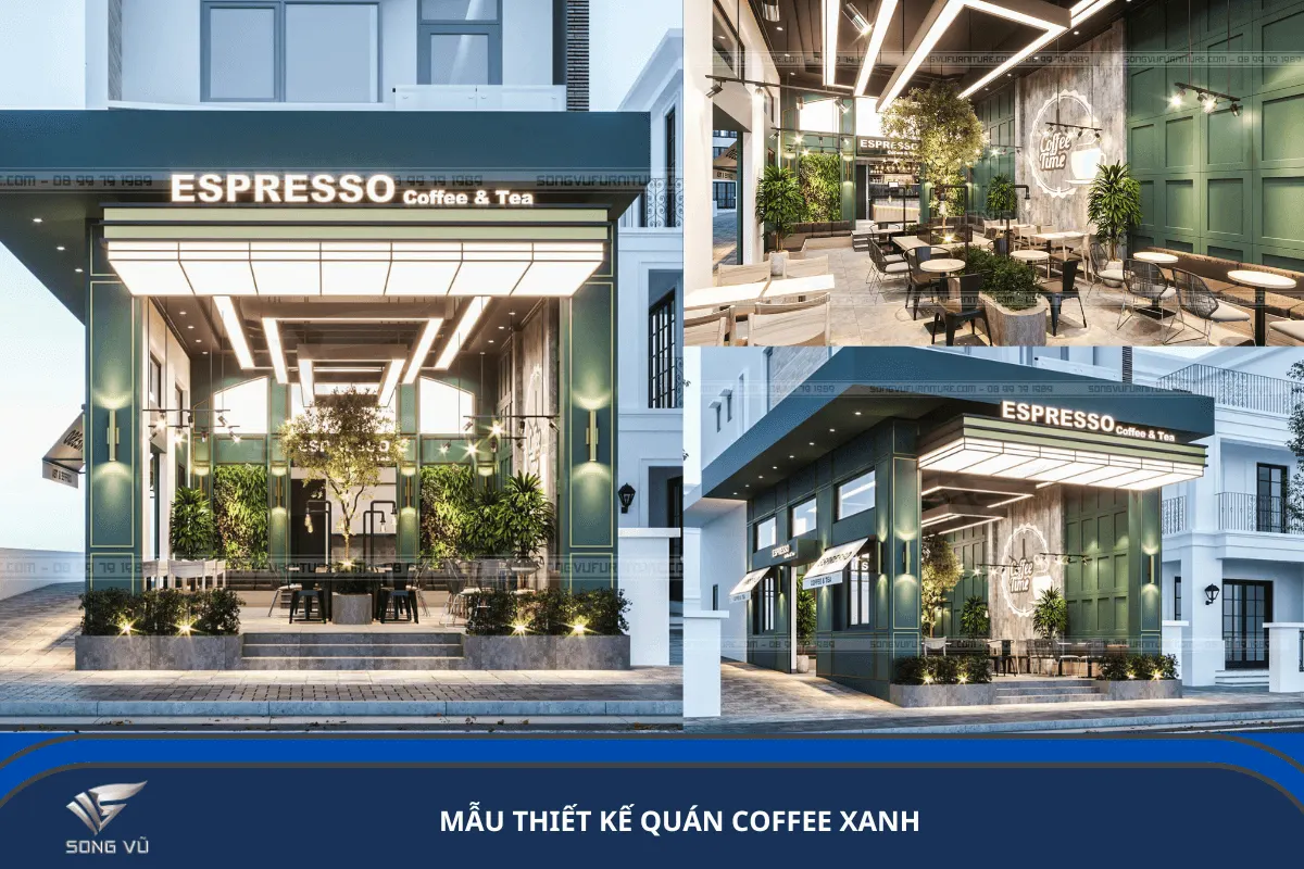 Mẫu thiết kế quán Coffee xanh mát